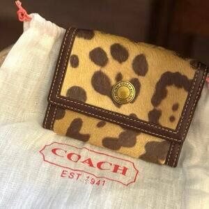 Coach Wallet Card Holder Brown Leopard Print Pony Hair Snap Closure W/ Dustbag